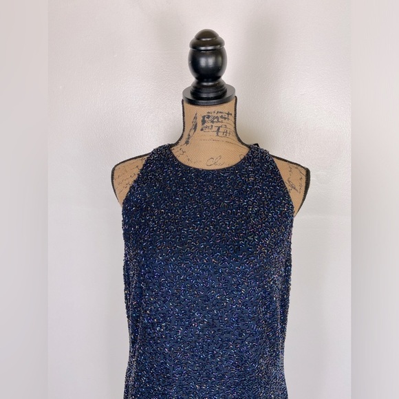 Linda Allard Ellen Tracy Silk Beaded Mini Dress Size 12 Blue Embellished RT $915 - Picture 2 of 13